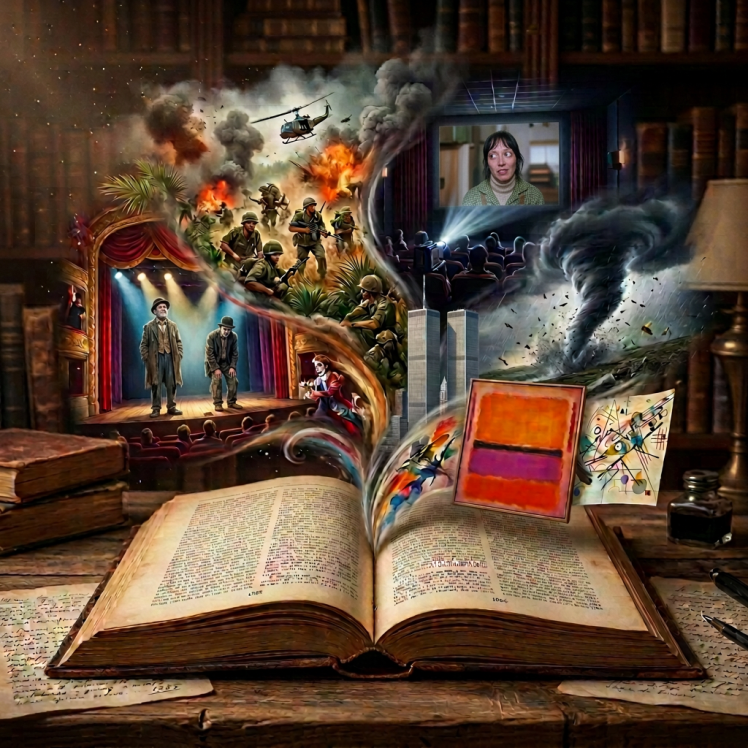 Open Italian history book surrounded by scenes of theater, war, cinema, art, and a tornado