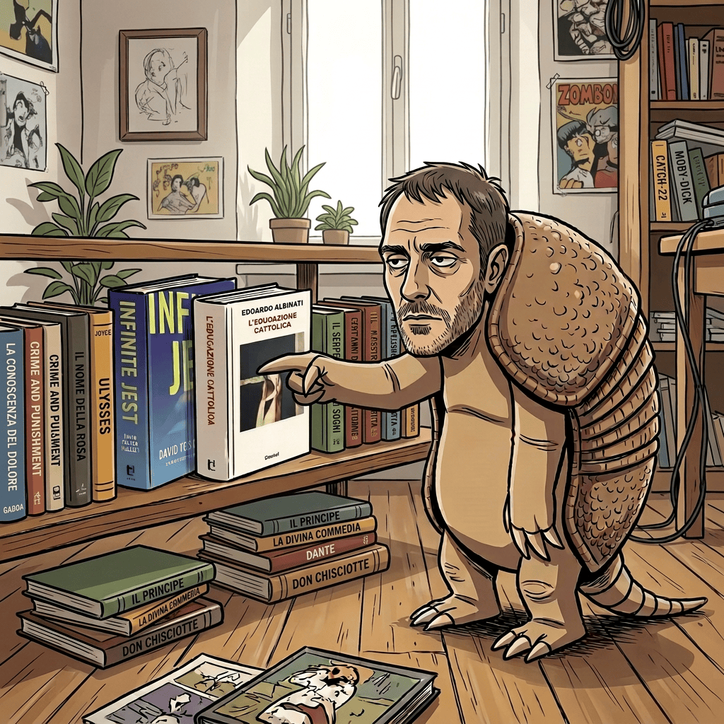 Armadillo pointing toward books in a crowded study