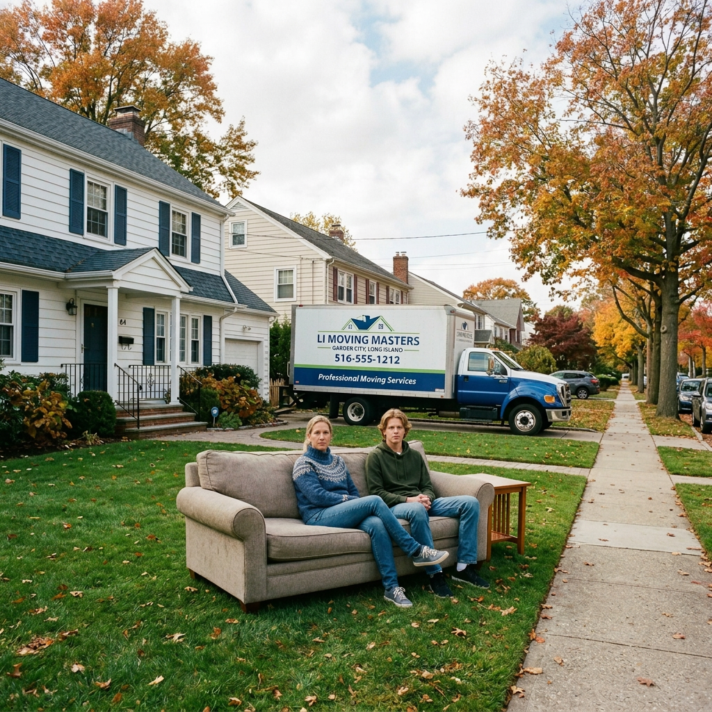 Moving truck labeled LI Moving Masters, Garden City, Long Island, 516-555-1212, Professional Moving Services, beside two people on a couch.